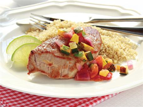 30LowCalMeals11 Pork Steaks with Roasted Summer Squash Salsa recipe