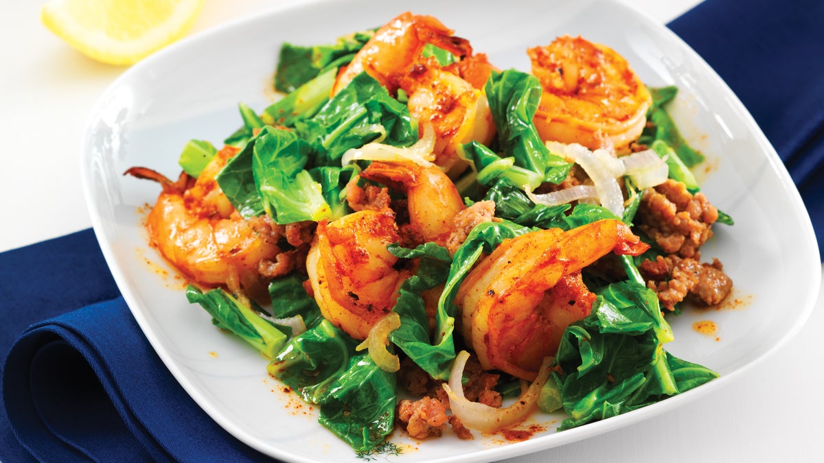 Collards with Turkey Sausage and Shrimp
