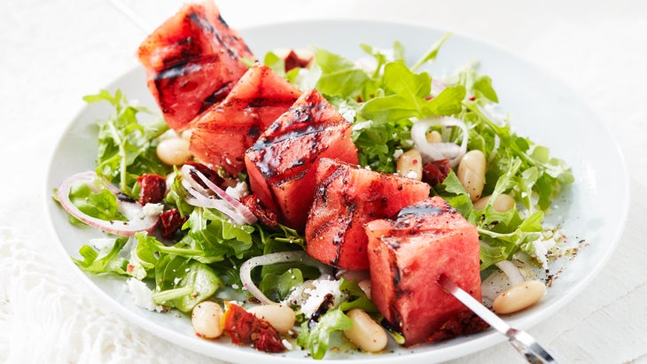 WatermelonSalad_01-web Grilled Watermelon Skewers with Feta and White Bean Salad