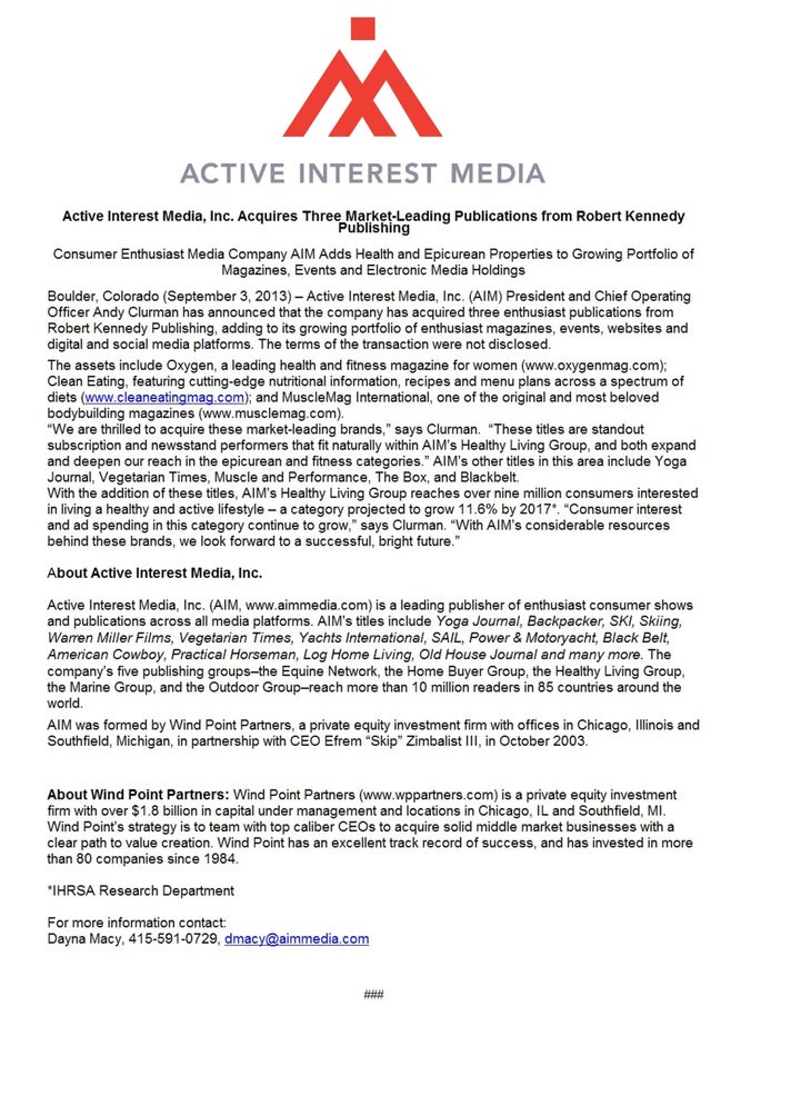 AIM Press Release Active Interest Media (AIM) purchases Clean Eating.