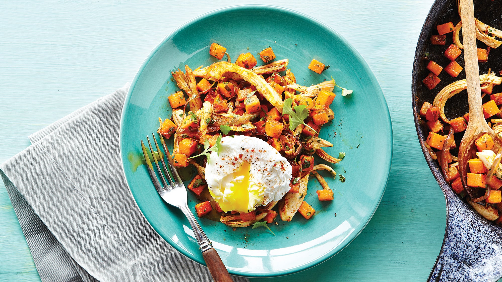 Chicken Sweet Potato Hash with Poached Eggs