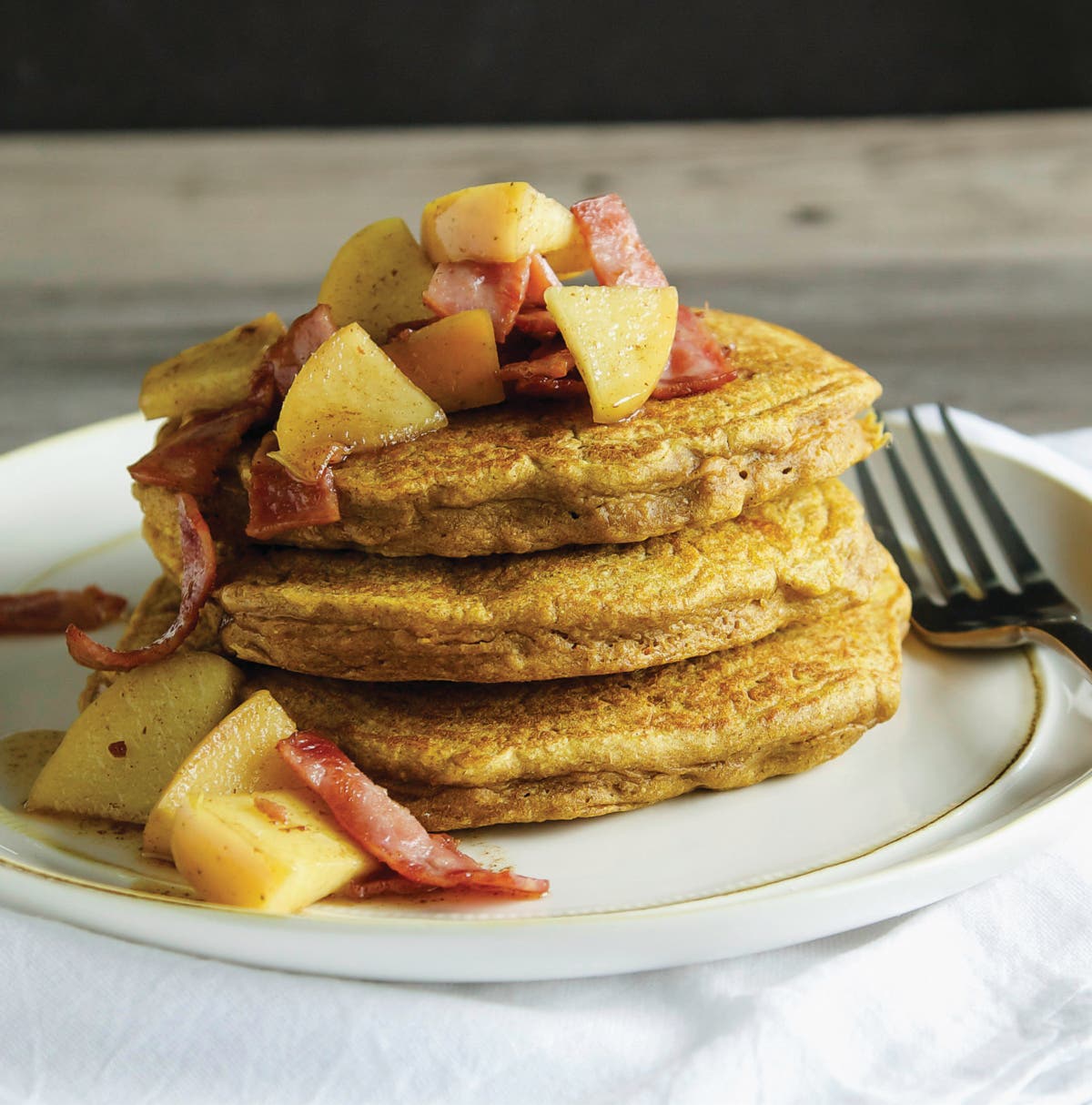 Pumpkin CLEAN EATING Pancakes with Apple Bacon Topping