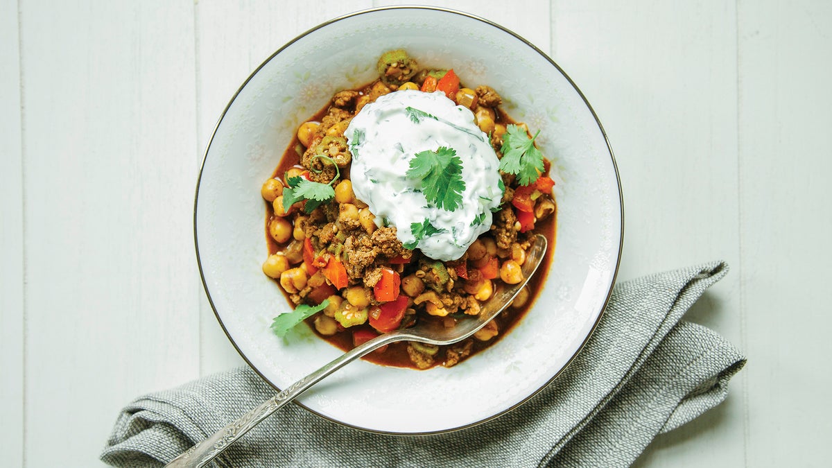 Beef Chickpea Chili with a Cooling Cucumber Sauce Recipe