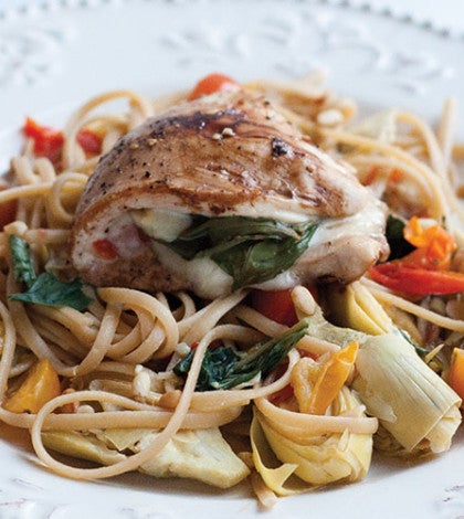 Chicken Bruschetta Roll-Ups with Tomato & Artichoke Fettuccine image None