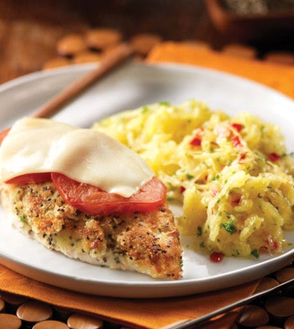 Nut & Seed-Crusted Chicken Parmesan with Spaghetti Squash Aglio E Olio image None