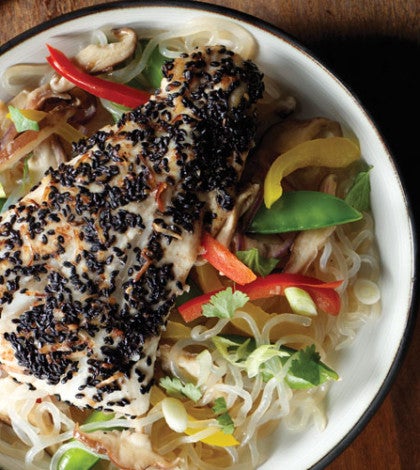 Sesame Coconut-Crusted Halibut with Shirataki Vegetable Stir-Fry image None