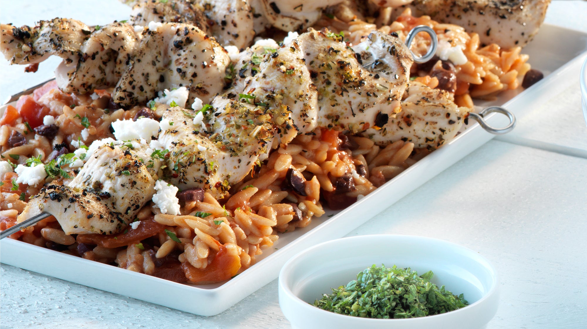 Herby Chicken Kebabs with Olive Studded Orzo