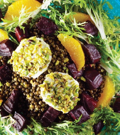 Orange, Beet & Lentil Salad with Pistachio-Crusted Goat Cheese image None