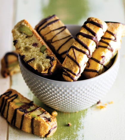 Gluten-Free Pistachio Cranberry Biscotti with Dark Chocolate Drizzle image None