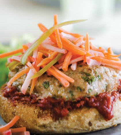 Open-Faced Asian Chicken Burgers with Pickled Vegetables & Ginger Soy Ketchup image None