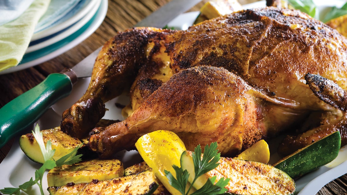 Smoky-Sweet Beer Can Chicken with Grilled Veggies Recipe