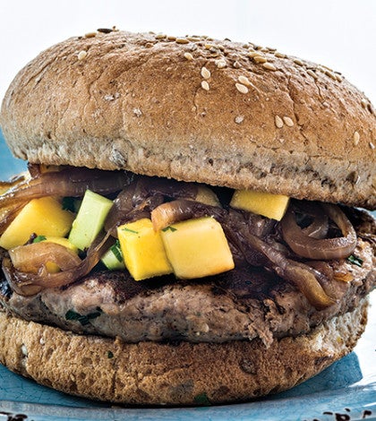 Mozzarella-Stuffed Turkey Burgs with Mango Salsa, Cajun Onions & Spinach image None