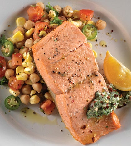 Olive Oil–Poached Salmon with Yogurt Chimichurri & Tomato Corn Salad image None