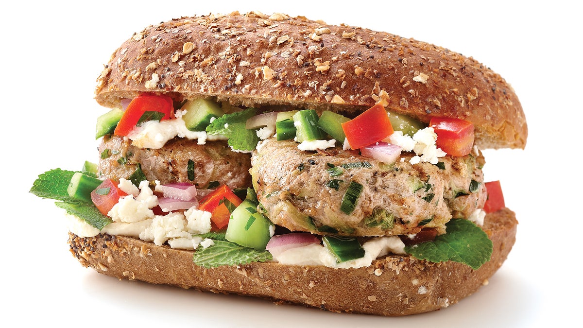 Turkey Zucchini Burger with Tahini Sauce, Salsa & Feta Recipe