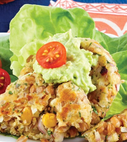 Farro & Chickpea Cakes with Avocado “Aioli” & Cherry Tomatoes image None