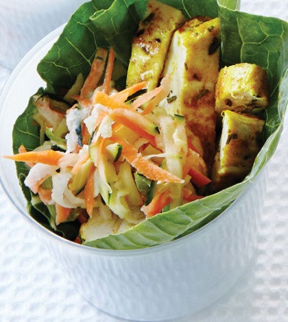 Power-Spiced Chicken in Collard Green Wraps with Jicama Slaw image None