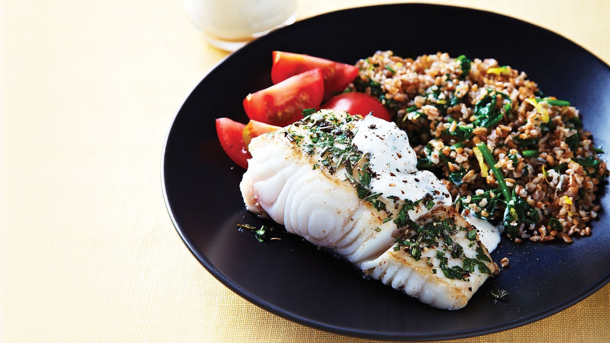 Creamy Dijon Halibut with Spinach Lemon Bulgur Recipe