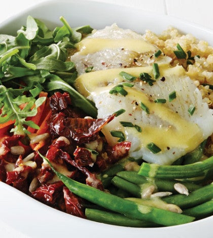 Quinoa Veggie Bowls with Sautéed Sole & Lemon Chive Vinaigrette image None