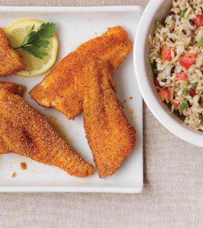 Crispy Catfish Fingers with Black-Eyed Pea Pilaf image None