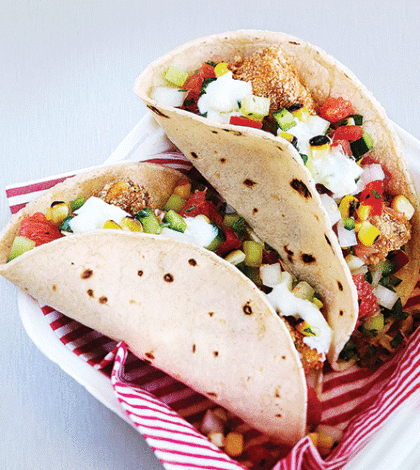 Crispy Fish Tacos with Roasted Corn, Grapefruit & Cucumber Salsa image None