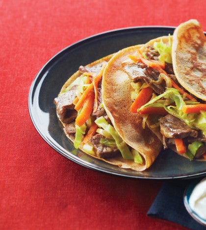 Mongolian-Style Beef Crepes with Spiced Yogurt image None