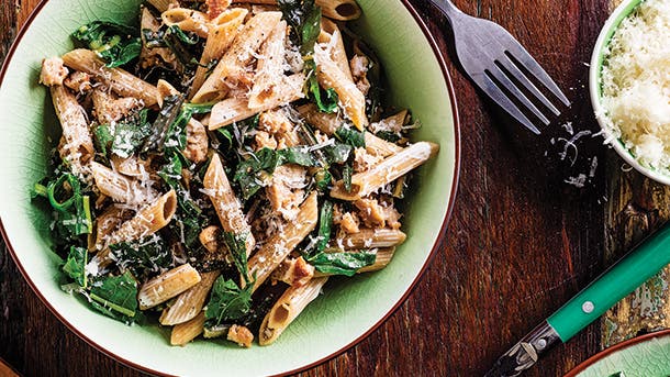 Chicken Sausage Penne with Dandelion Greens