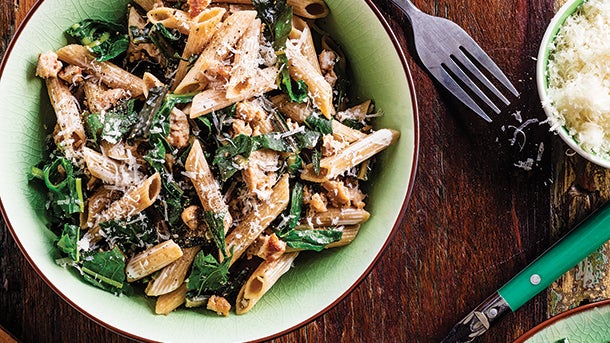 CE5905_RESIZED Chicken Sausage Penne with Dandelion Greens