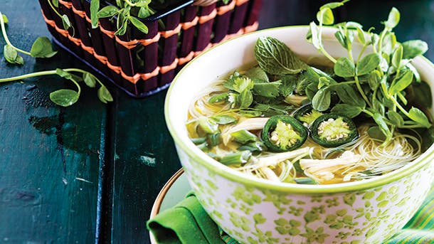 Chicken Pho  with Pea Shoots