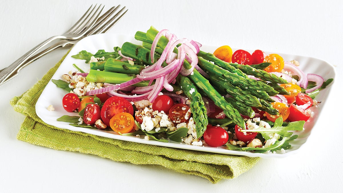 Grilled Asparagus Salad with Feta Hazelnut Crumble