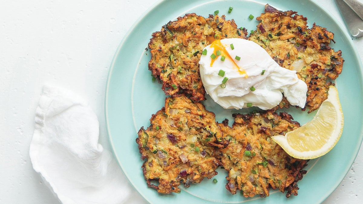 Zucchini & Sweet Potato Fritters with Poached Eggs Recipe