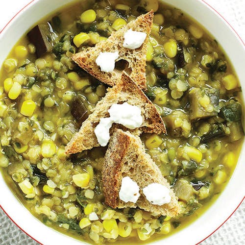 Corn & Red Lentil Soup Recipe with Goat Cheese Croutons Recipe