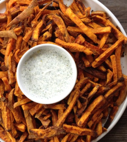Curried Sweet Potato Fries with Greek Yogurt Dill Sauce image Curried Sweet Potato Fries with Greek Yogurt Dill Sauce recipe