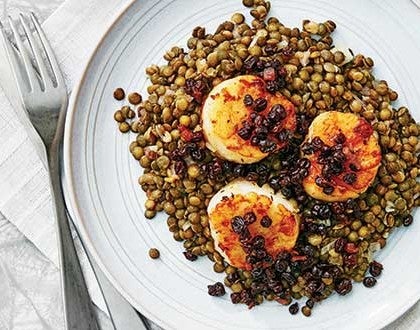 Lemon Shallot Rubbed Scallops with Lentils & Currant Compote image Lemon Shallot Rubbed Scallops with Lentils & Currant Compote recipe