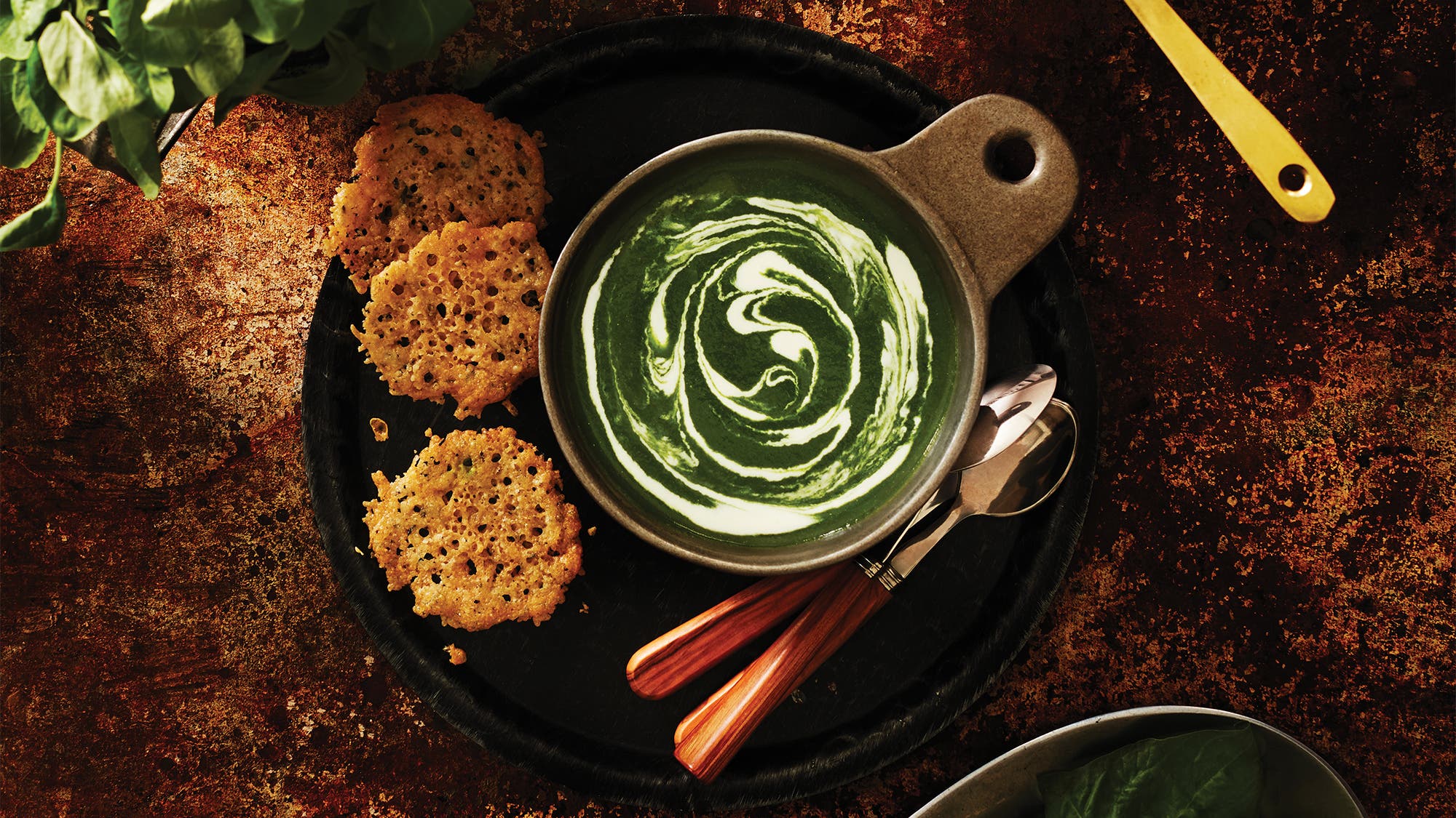 Watercress & Spinach Soup with Cheesy Thyme Crisps Watercress & Spinach Soup with Cheesy Thyme Crisps