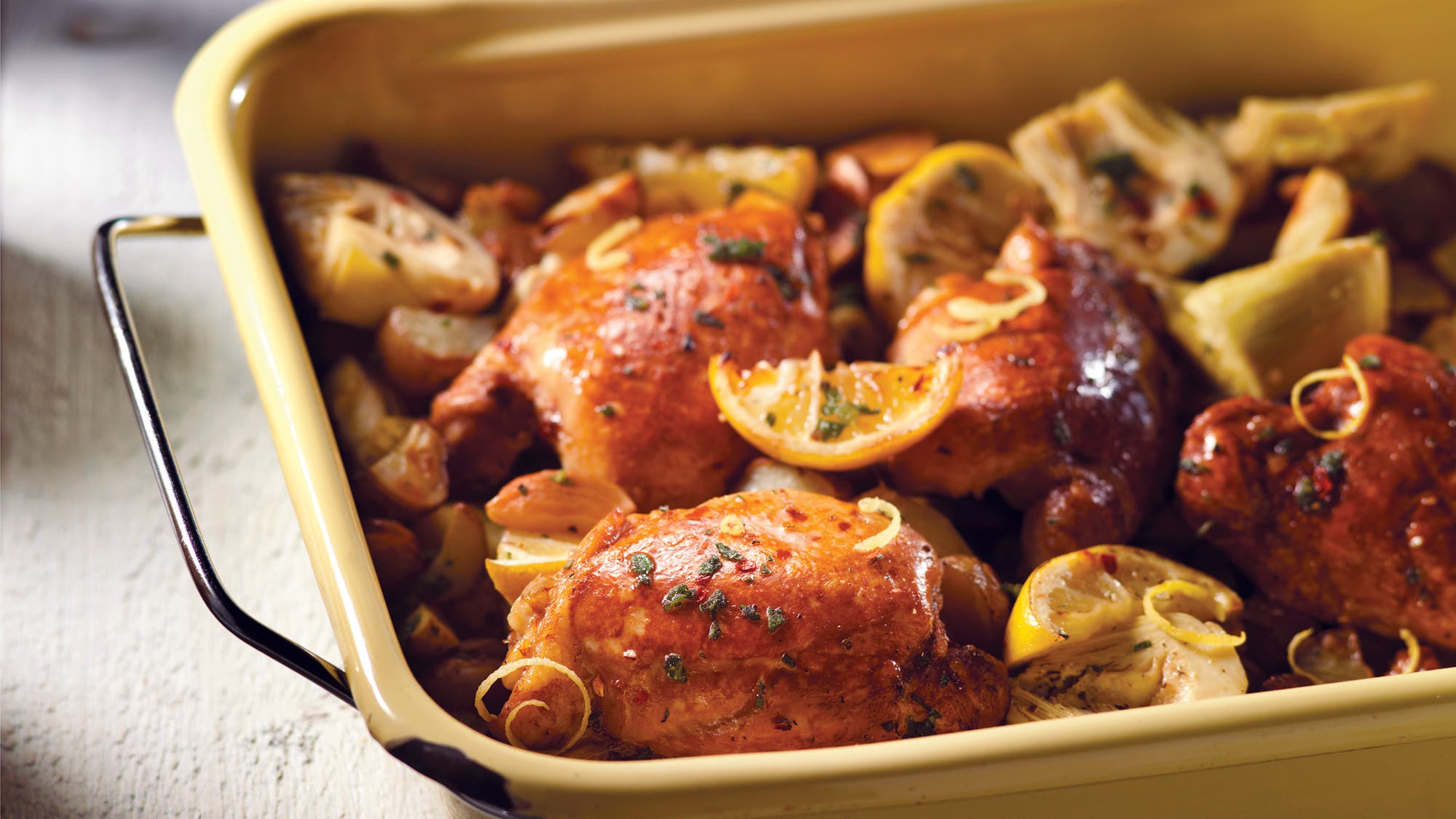 Chicken Artichoke and Baby Potato Roast with Greek Herbs and Lemon