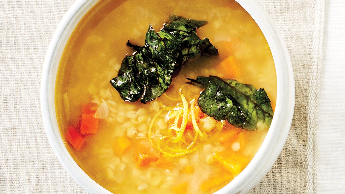 Lemony Lentil Soup with Beet Green Crisps Recipe
