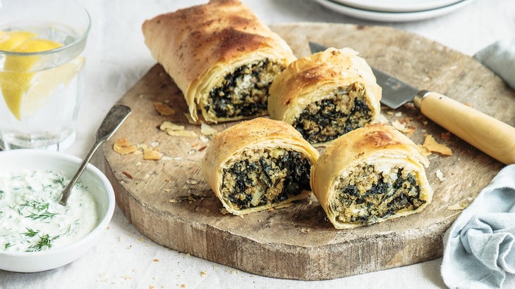Many Greens and Quinoa Strudel with Creamy Cucumber Sauce 67 web Savory Strudel Recipe