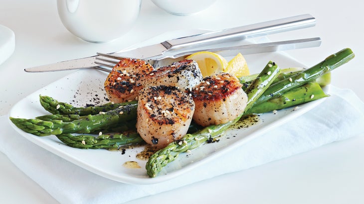 Seared Coriander Scallops with Nori Brown Butter and Asparagus 67 web Seared Coriander Scallops