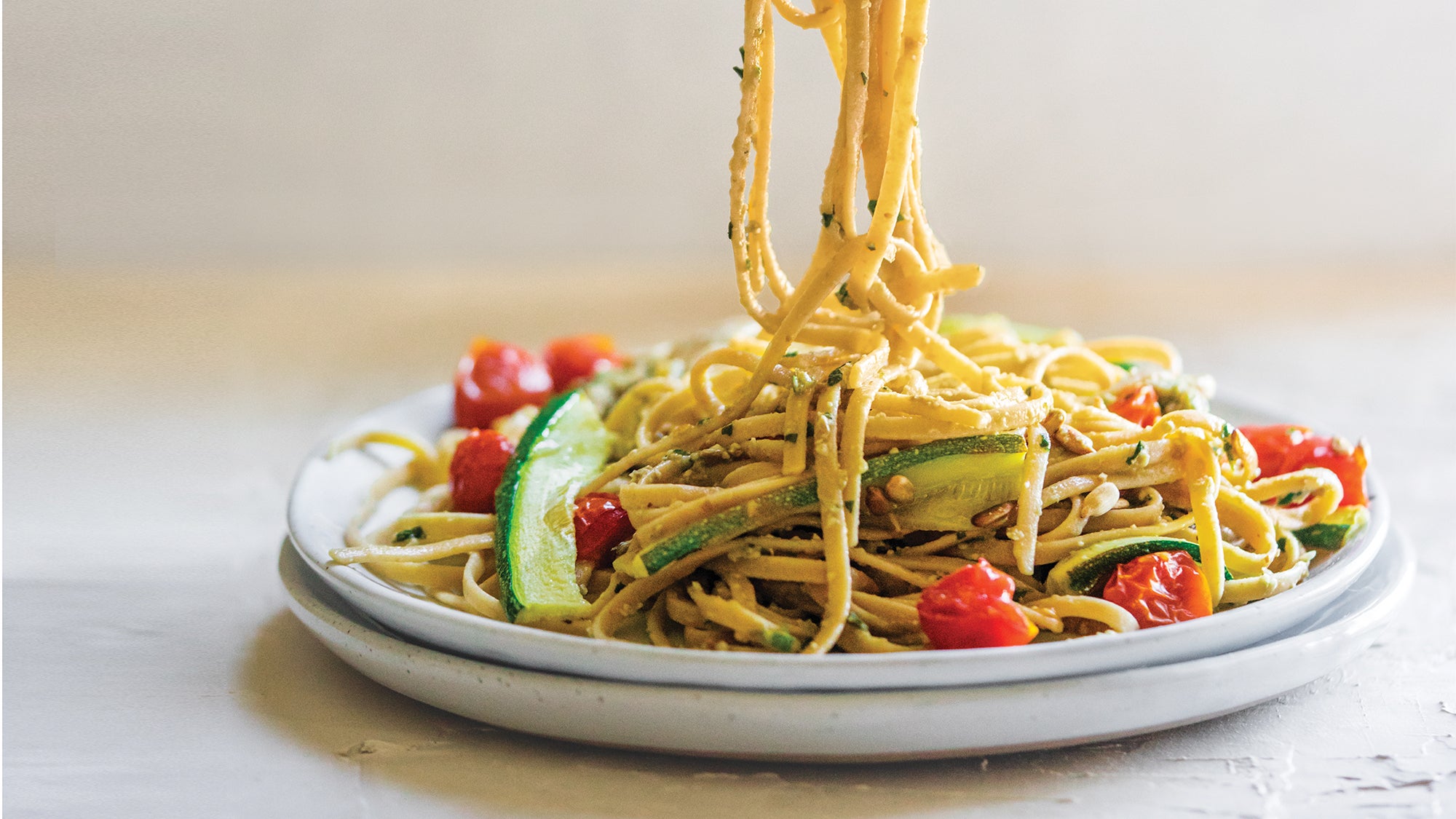 Roasted Vegetable Linguine With Zucchini & Sunflower Pesto | Clean ...