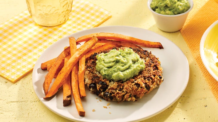 Black Bean and Sweet Potato Burgers with Avocado mash and Chili Fries Black bean and sweet potato burgers recipe