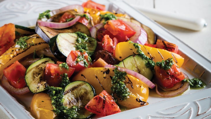 Grilled Ratatouille with Fresh Basil Sauce 62web Grilled Ratatouille with Fresh Basil Sauce Recipe