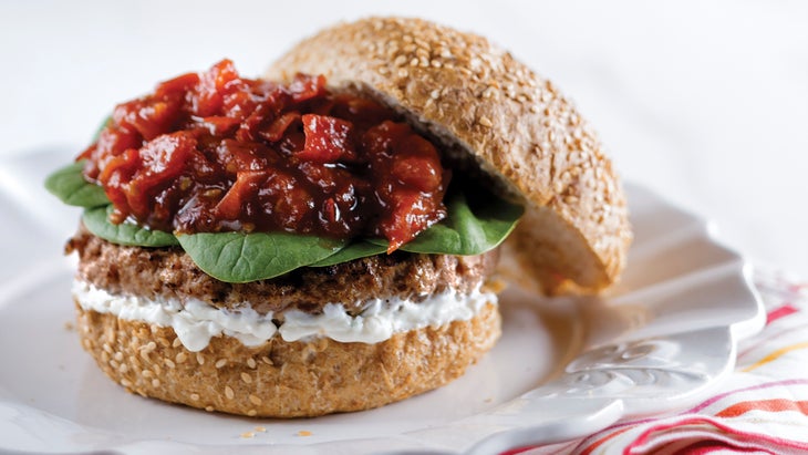 Lamb Burgers With Roasted Tomato Jam & Creamy Feta Sauce Lamb Burgers With Roasted Tomato Jam & Creamy Feta Sauce