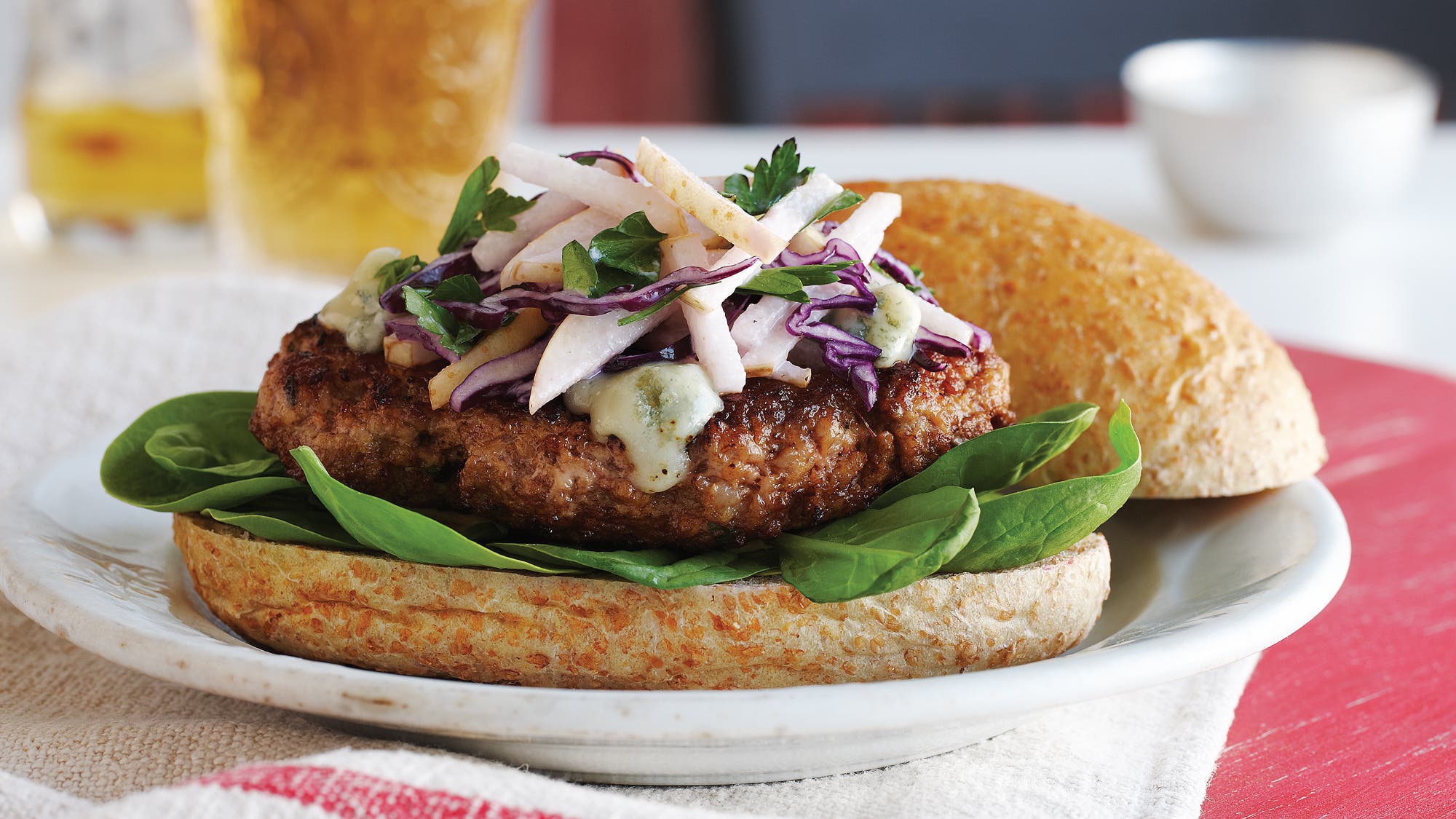 Pork Burgers with Asian Pear Slaw & Gorgonzola Pork Burgers with Asian Pear Slaw & Gorgonzola
