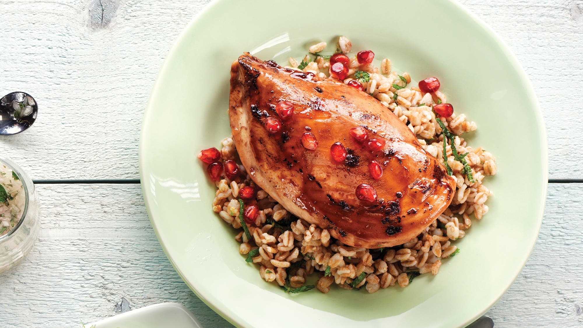 Lime Pomegranate Chicken Breasts with Herbed Farro Recipe