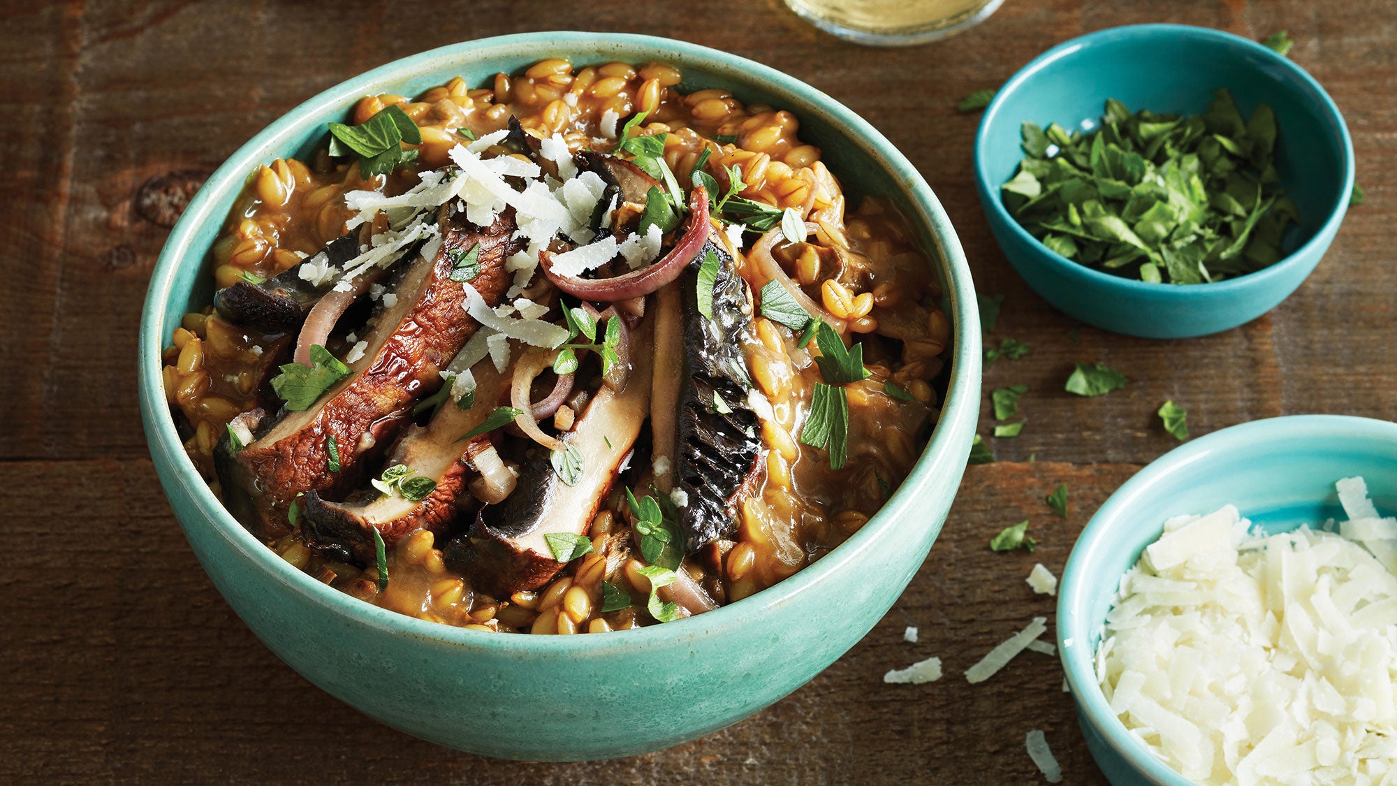 Mushroom Barley Risotto with Roasted Portobello Steaks