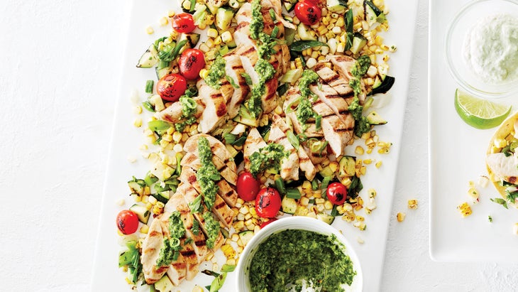 "Basil Lime Chicken with Grilled Vegetables & Herb Sauce"