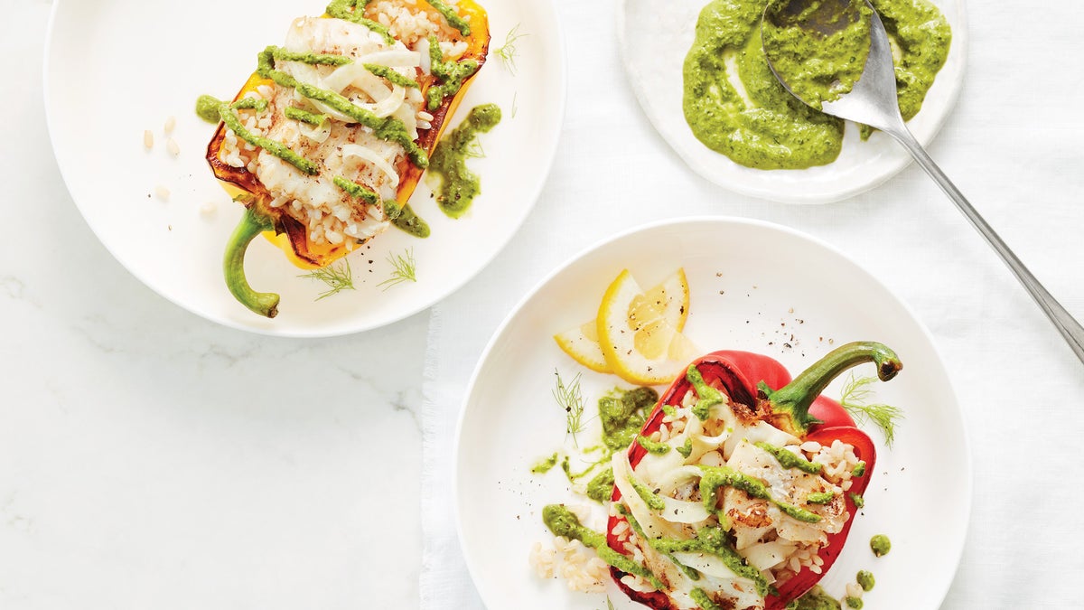 Fish-Stuffed Peppers with Cilantro Ginger Pistou Recipe | Clean Eating