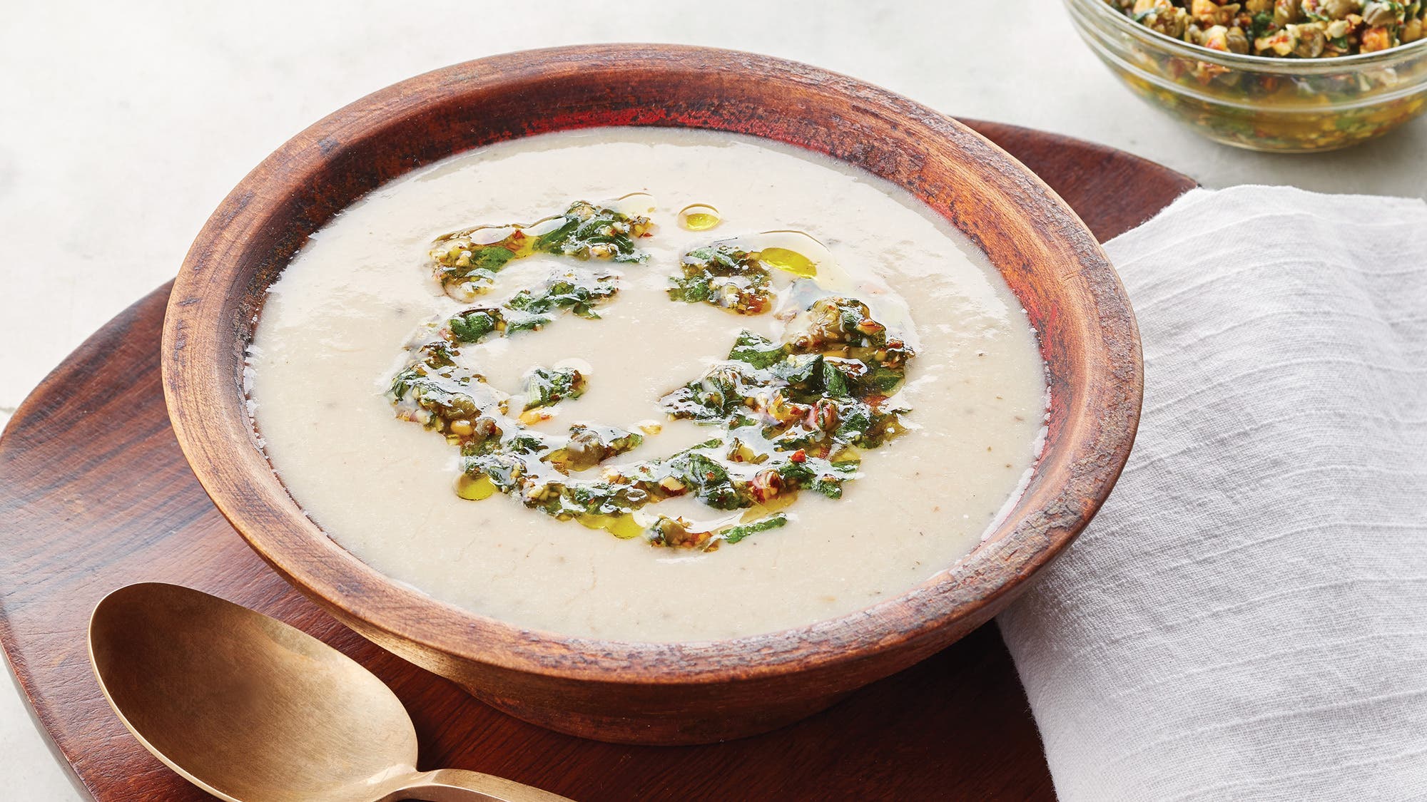 White Bean Soup with Caper Almond Pesto recipe