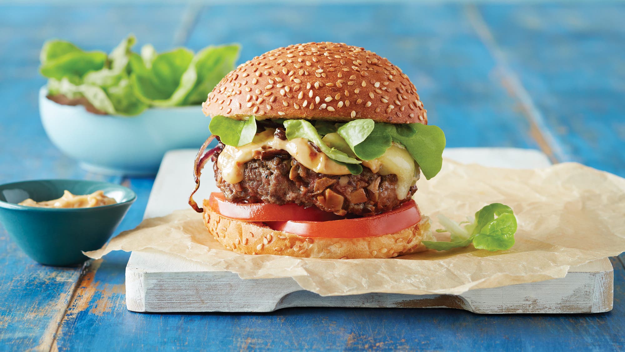 Double Mushroom Burgers with Cheddar & Umami Mayo recipe