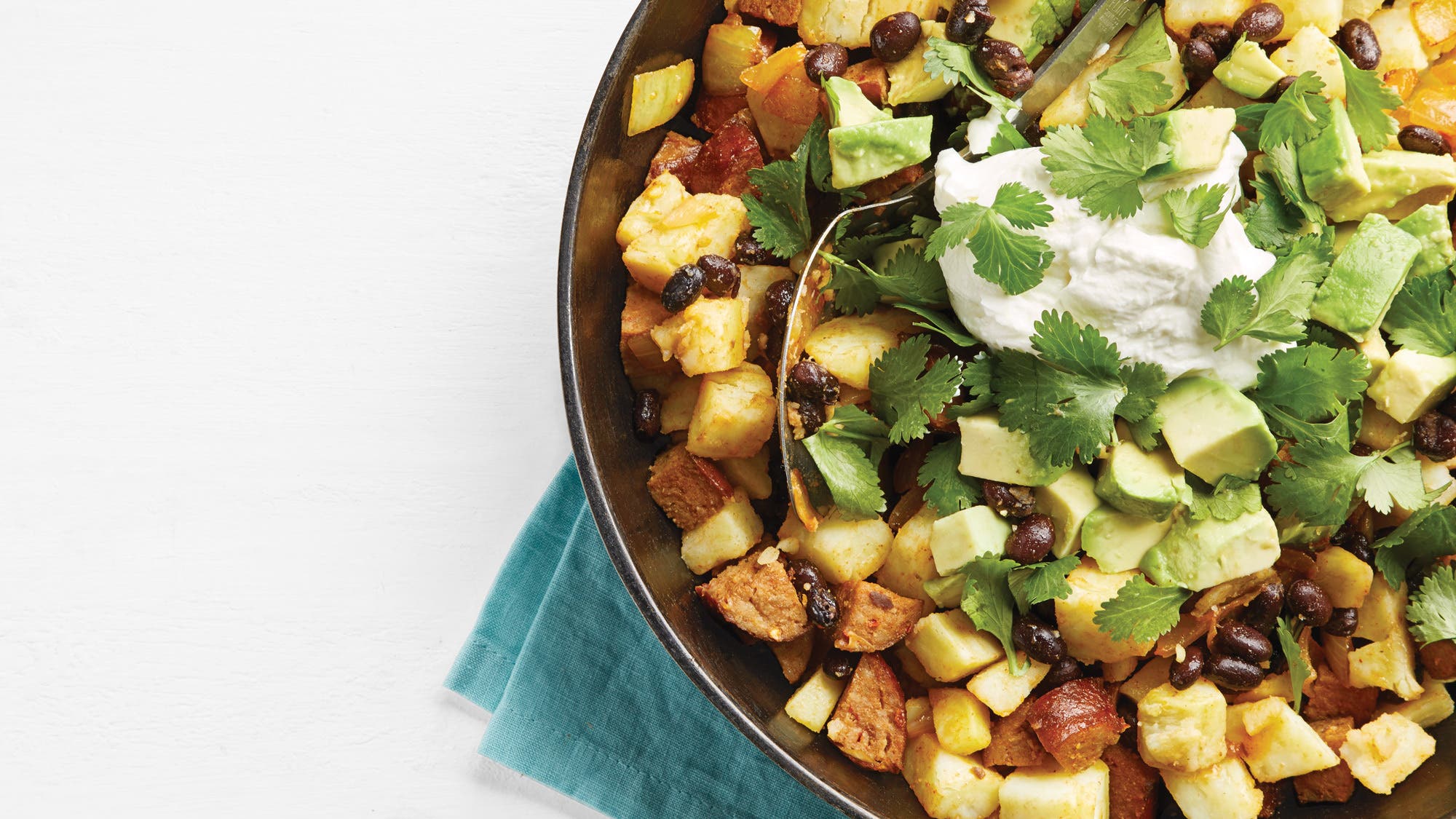 High-Protein Black Bean, Chorizo & Hannah Potato Breakfast Hash recipe